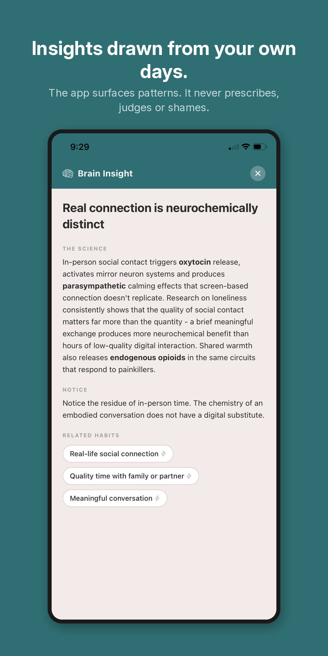 A Brain Insight card surfacing something to notice about a habit